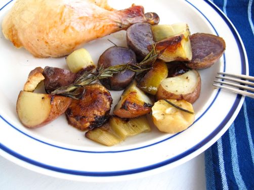 Roasted Chicken with Purple Potatoes, Parsnips, and Leeks