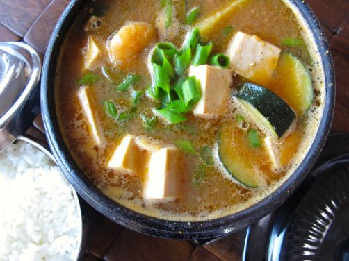 Doenjang Jjigae (Korean Savory stew with zucchini, tofu, and shrimp)