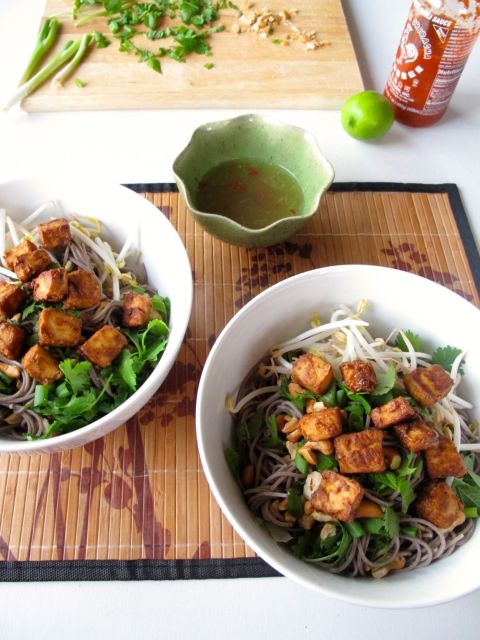 Vietnamese Style Soba (Bun Chay) with Baked Peanut Tofu and Nuoc Cham Sauce