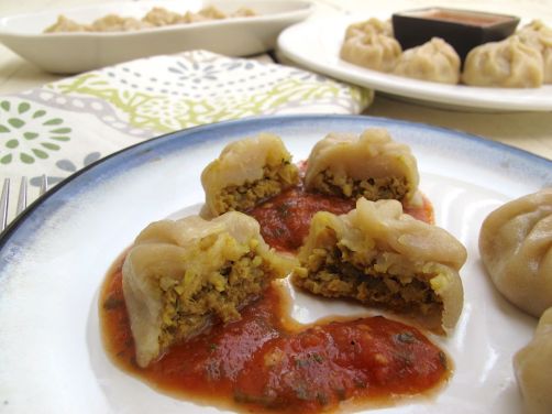 Nepali Momos (Steamed Dumplings) with Tomato Chutney